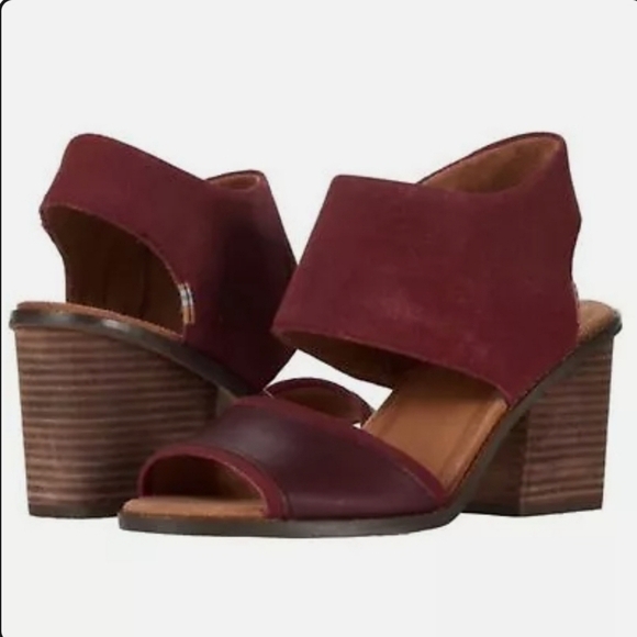TOMS Majorca Block Heel Peep Toe Sandals Women’s 10 Oxblood Leather - Picture 1 of 15
